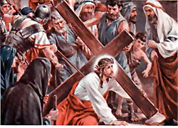 Estacion 3. Jesús vae la primera vez con la cruz