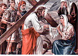 Estacion 6. La Verónica limpia el rostro de Jesús