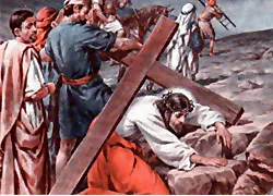 Estacion 9. Jesús cae la tercera vez con la cruz